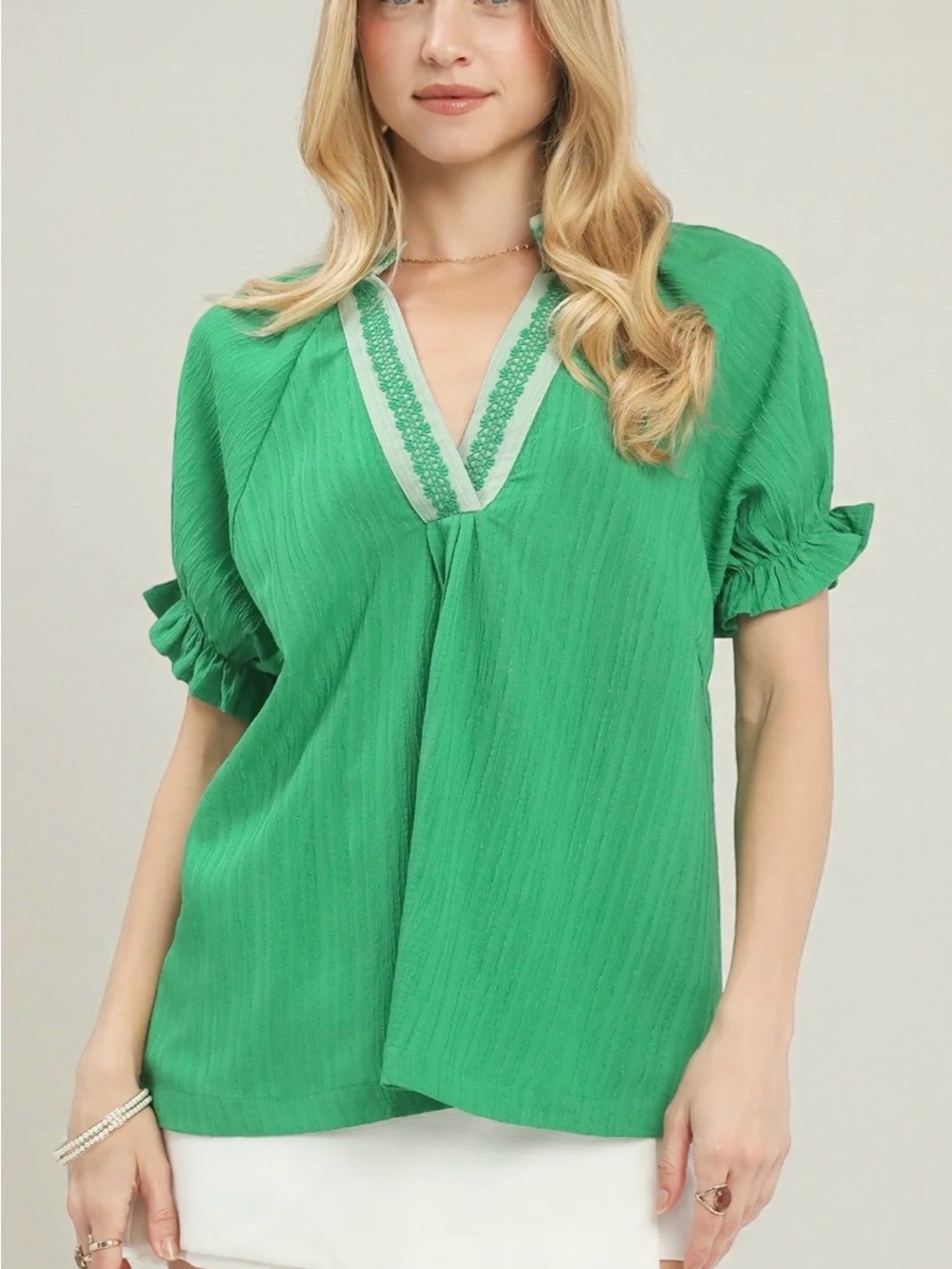 Umgee Emerald Green V-Neck Ruffle Sleeve Blouse